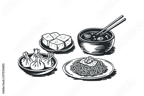 Asian food ensemble with dumplings, noodles, and soup. Vector hand drawn