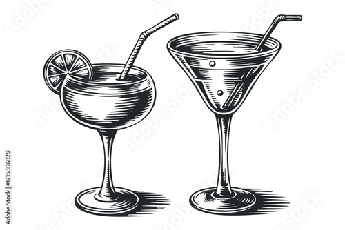 Two cocktails with straws and lemon slice. Vector hand drawn