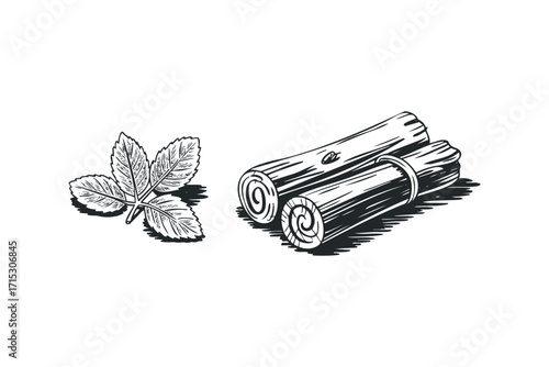 Wood logs bundle and mint leaves. Vector hand drawn