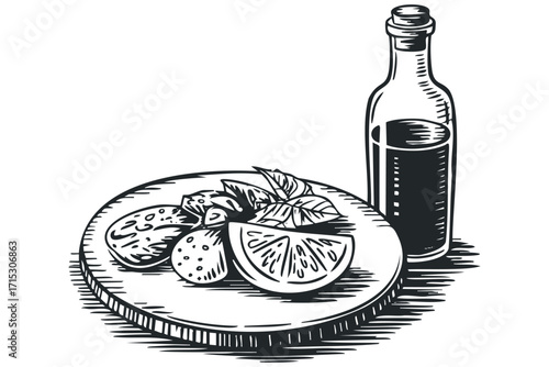 Bottle of Liquid and Plate with Fruit and Greens on Transparent. Vector hand drawn
