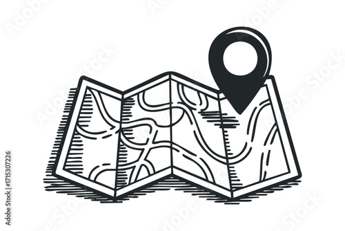 Location pin on folded map. Vector hand drawn