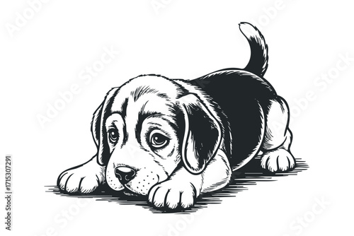 Adorable puppy with expressive eyes lying down on a white background. Vector hand drawn