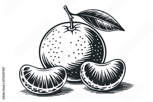 Tangerine fruit with segments and leaf on transparent background. Vector hand drawn