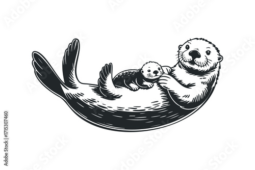 Mother otter holding baby otter on transparent background. Vector hand drawn