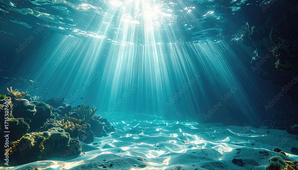 Fototapeta premium Underwater Scene with Light Rays and Sandy Seabed