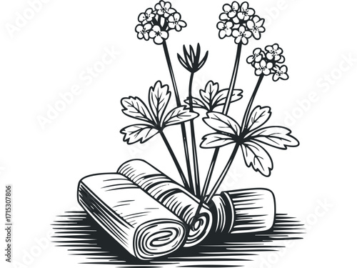 Rolled papers and delicate flowers on transparent background. Vector hand drawn