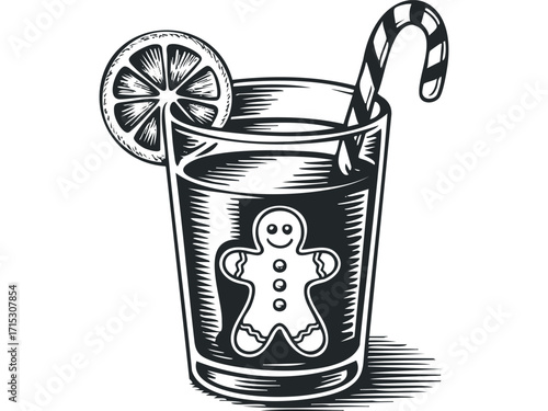 Gingerbread Man drink with candy cane and lemon slice. Vector hand drawn