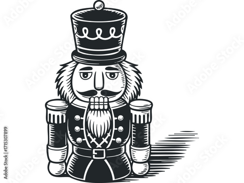 Black and White Nutcracker Soldier Figure Transparent. Vector hand drawn