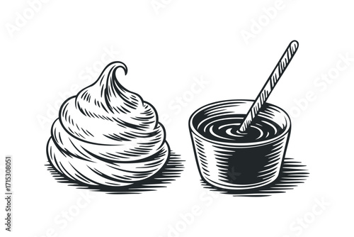 Whipped Cream Swirl and Sauce Bowl with Spoon Isolated. Vector hand drawn