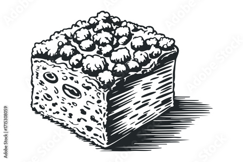 Textured food cube slice graphic isolated on white. Vector hand drawn