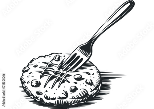 Fork Piercing Griddle Cake Transparent Background. Vector hand drawn