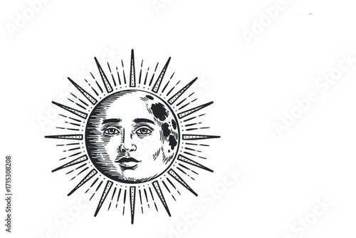 Line art sun face with rays isolated on white. Vector hand drawn