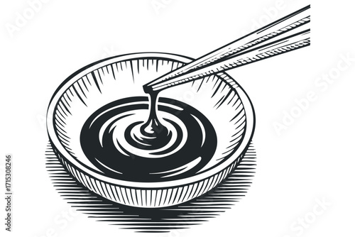 Chopsticks dip into soy sauce in bowl. Vector hand drawn