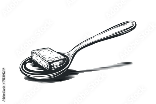 Pinch of salt on spoon, food ingredient, graphic. Vector hand drawn