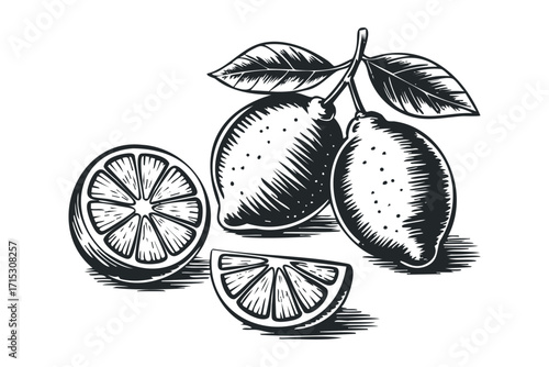 Hand Drawn Lemon Slice and Whole Lemons. Vector hand drawn