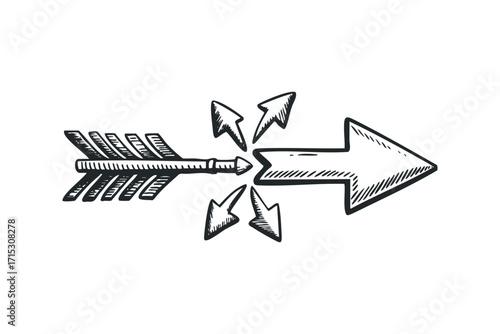 Hand Drawn Arrow Symbol With Splitting Arrows. Vector hand drawn