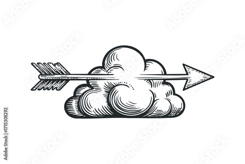 Arrow piercing through cloud on transparent background. Vector hand drawn