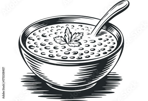 Stylized bowl of soup with parsley and spoon on transparent. Vector hand drawn