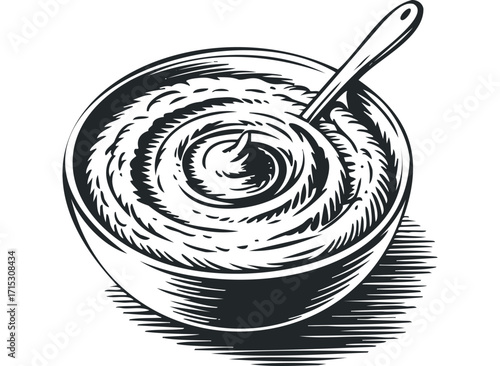 Bowl of Creamy Mashed Food with Spoon on Transparent. Vector hand drawn