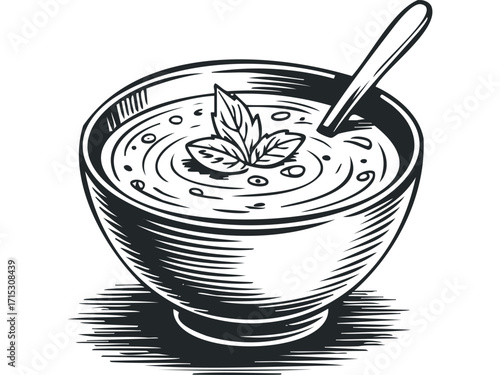 Black and White Bowl of Soup with Spoon and Garnish on Transparent. Vector hand drawn