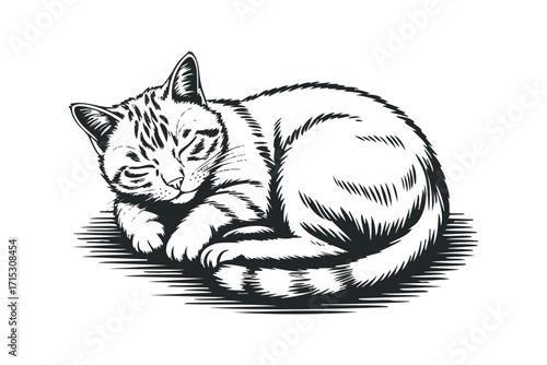 Sleeping Tabby Cat in a Curled Position Image. Vector hand drawn