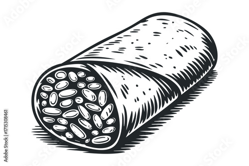 Black and white ink drawing of a sausage on a transparent background. Vector hand drawn
