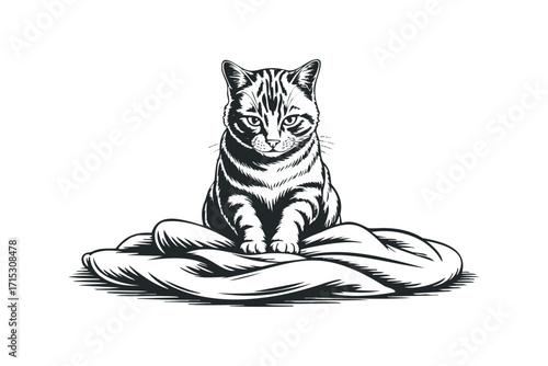 Black and white drawing of a tabby cat sitting on a soft surface. Vector hand drawn