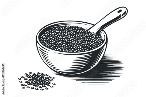Bowl of Quinoa with Spoon Isolated on White. Vector hand drawn