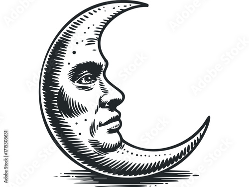 Crescent Moon Face Transparent Image With Stippling. Vector hand drawn