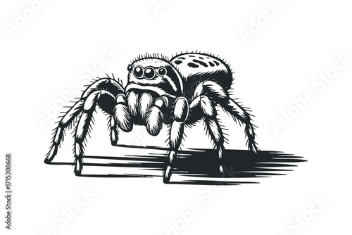 Jumping spider on white with shadow. Vector hand drawn