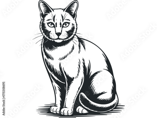 Black and white cat sitting, transparent. Vector hand drawn