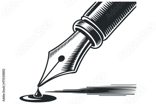 Fountain pen nib with ink drop on transparent. Vector hand drawn