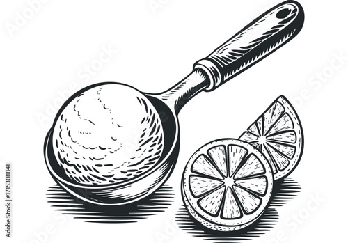 Scoop of ice cream with lemon slices on transparent background. Vector hand drawn