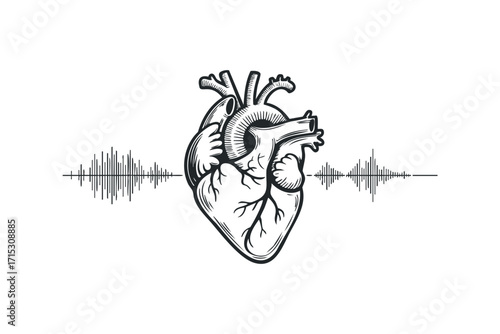 Anatomical heart with sound wave graphic on transparent background. Vector hand drawn