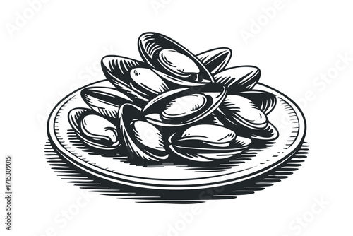 Monochromatic engraving of plump mussels on a textured plate. Vector hand drawn
