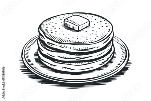 Pancakes with Butter Stack on Plate. Vector hand drawn
