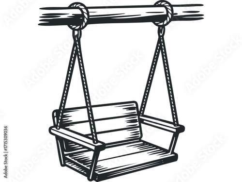 Wooden swing hanging from a branch. Vector hand drawn
