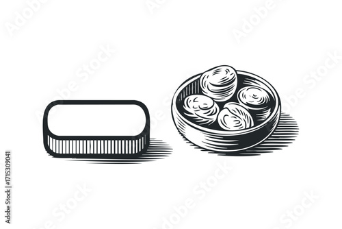 Food package and dim sum image on transparent background. Vector hand drawn