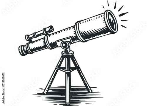 Telescope on Tripod Isolated Object with Rays. Vector hand drawn