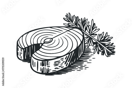 Fish steak and parsley sprig on transparent background. Vector hand drawn