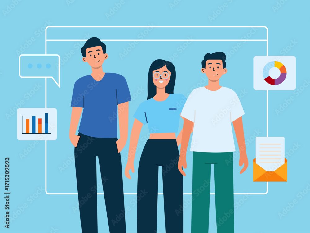 Fototapeta premium Teamwork setting up marketing data to hit target with technology promotion and campaign, modern presentation. Technology illustration. Flat vector illustration concept. 