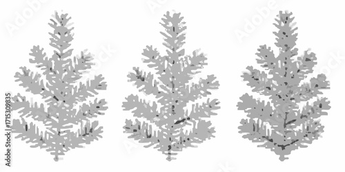 Three stylized christmas trees in shades of gray arranged side by side on a white background | editable eps vectors silhouette