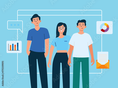 Teamwork setting up marketing data to hit target with technology promotion and campaign, modern presentation. Technology illustration. Flat vector illustration concept.	
