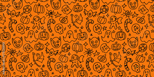 Cute hand drawn halloween pattern with pumpkins ghosts skulls candy and spiders on orange background