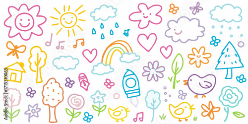 Whimsical hand drawn doodle elements featuring sun clouds rainbow flowers birds and rocket ship