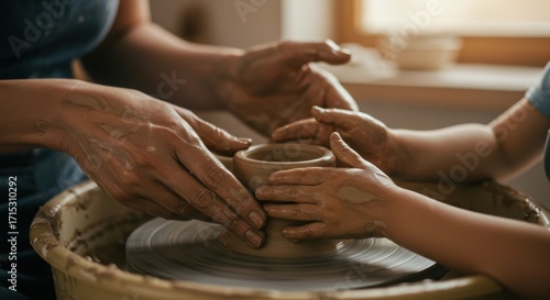 Hands-on Pottery A Child Learning the Art of Shaping Clay on the Wheel