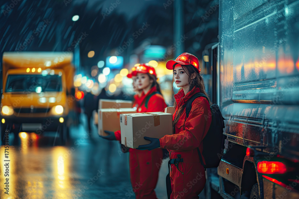 Obraz premium Two delivery workers in red uniforms carry boxes on a rainy night, with trucks and city lights creating a vibrant, urban backdrop.