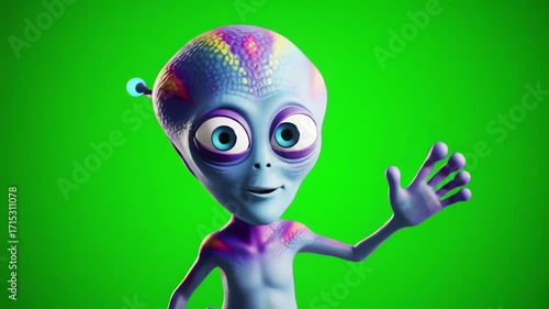 Friendly Alien with Green Screen Background, Greeting and Waving