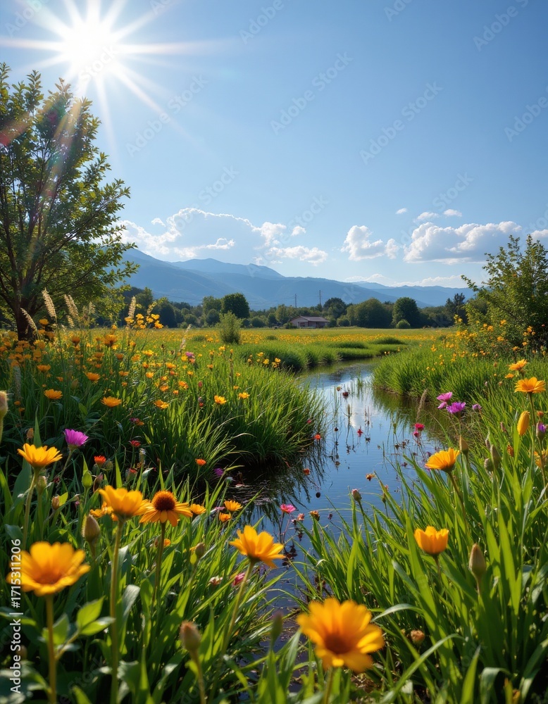 Fototapeta premium Meadow Stream with Wildflowers and Mountain Backdrop