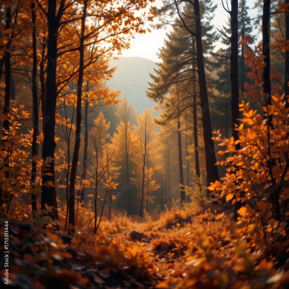 Fototapeta premium Autumn Forest Landscape with Golden Leaves